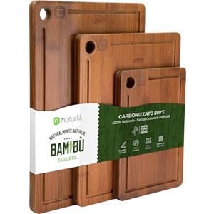 naturlik Set 3 Taglieri Bambù Carbonizzato con Scanalatura | Tagliere Legno per Carne, Salumi e Formaggi | Tagliere da Portata | Pre-Oliato, Senza BPA, Ecologico | 3 Misure: 33×22/28×22/22×15 cm