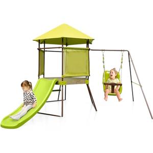 COSTWAY Parco Giochi 4 in 1 Bambini da Esterno, Giochi da Giardino in Legno 225 x 203 x 168 cm,Altalena Regolabile in Altezza e Scivolo Verde, Casetta da Gioco per Bambini con Corda da Arrampicata