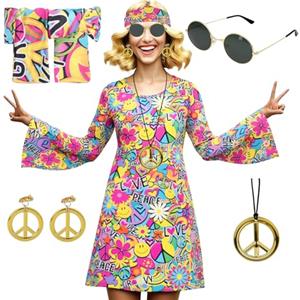 AYBUY Costume da Hippie Donna, Costume Carnevale Donna Anni 70, Include Hippie Orecchini Collana Occhiali da Sole Fascia, Vestito Hippie Anni 70 per Carnevale, Halloween, Cos Party, 3XL (Stile A)