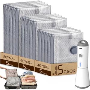 Vacbird Sacchetti Sottovuoto Vestiti con Pompa Sottovuoto Senza Fili, 15 Pezzi (5*40x50cm, 5*40x60cm, 5*50x60cm), Riutilizzabile Buste Sottovuoto Vestiti da Viaggio per Maglioni, Camicia, Viaggi