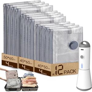 Vacbird Sacchetti Sottovuoto Vestiti con Pompa Sottovuoto Senza Fili, 12 Pezzi (4*40x50cm, 4*40x60cm, 4*50x60cm), Riutilizzabile Buste Sottovuoto Vestiti da Viaggio per Maglioni, Camicia, Viaggi