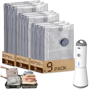 Vacbird Sacchetti Sottovuoto Vestiti con Pompa Sottovuoto Senza Fili, 9 Pezzi (3 * 40x50cm, 3 * 40x60cm, 3 * 50x60cm), Riutilizzabile Buste Sottovuoto Vestiti da Viaggio per Maglioni, Camicia, Viaggi