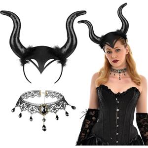 AYBUY Corna Malefica, Halloween Malefica Corna con Nero Collana, Set Corna da Diavolo Malefica Costume Accessori per Halloween Carnevale Cosplay