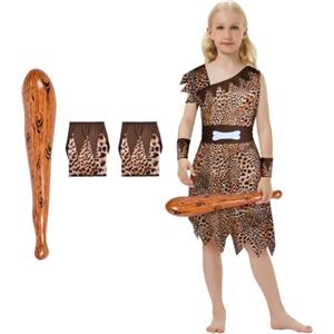 AYBUY Costume da bambina a tema età della pietra, vestito da grotta selvaggia, Halloween, cosplay, vestaglia leopardata, cintura marrone, foulard, polsini