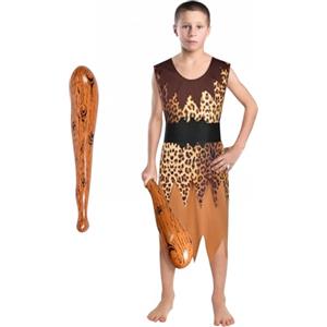 AYBUY Costume delle Caverne, 4PCS Costume di Cavernicolo e Accessori, Costume Preistoria Bambini, Costume Primitivo Bambini per Halloween Carnevale Spettacolo di Festa, M