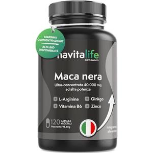 navitalife SUPPLEMENTS Maca Nera Peruviana Andina 40.000 mg (Estratto 25:1) | 120 Capsule per 4 Mesi | Alta Purezza | Con L-Arginina, Zinco, Ginkgo Biloba e Vitamina B6 | Energia, Vitalità e Performance | NavitaLife