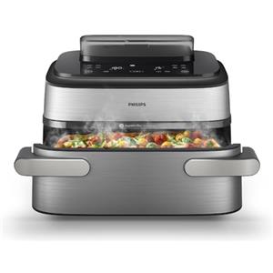 Philips Airfryer Serie 5000 con Maxi Capacità e Funzione Vapore - SteamFry, Vapore e Frittura ad Aria - 28 Programmi di Cottura, Doppio Scomparto 3L+6L, RapidAir Plus, SteamClean (NA565/00)