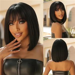 Urshiney Parrucca Donna Capelli Veri Umani 12 Pollici (30 cm) Parrucche Capelli Veri Con Frangia Brasiliani Parrucca Bob Corta Liscia Straight Human Hair Wigs Densità 180% Nero Naturale