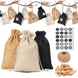 KATELUO 24 Calendario Dell'avvento Sacchetti Juta-3 Colori, con 24 Adesivi Digitali, DIY Borsa Calendario di Natale, Sacchetto Regalo,Conservazione di Piccoli Oggetti Sacchetti