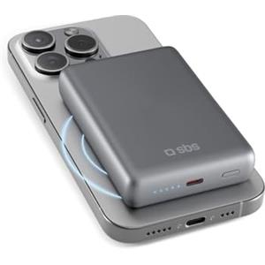 SBS PowerBank 10K MagSafe, 10000mAh, Wireless 15W, 20W Power Delivery USB-C (PD 3.0 PPS), Power Bank con Ricarica Rapida, Caricabatterie Portatile da Viaggio, Design Slim, Scocca in Alluminio, Grigio