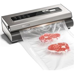 Mesliese Macchina Sottovuoto 90Kpa Precisione 6 in 1 Sistema di Conservazione degli Alimenti Sottovuoto, 2 Rotoli di Sacchetti e 5 Sacchetti Pretagliati, Modalità a Secco e Umido (Argento)