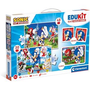 Clementoni - 18318 - Edukit 4 In 1 - Sonic - Set Giochi Da Tavolo (Memo, Puzzle 30 e 48 Pezzi, 6 Cubi), Educativo 3 Anni, Gioco di Memoria e Logica, Carte Da Accoppiare, Puzzle Bambini, Made In Italy