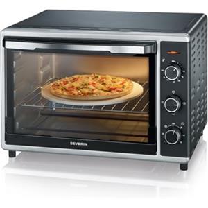 SEVERIN Forno Elettrico Ventilato, 42 Litri, 1800W, Temp. 0-230°C, Timer 120 min, con Pietra Refrattaria, Girarrosto, Luce Interna, Doppio Vetro, 51,5 x 42,0 x 36,5 cm, Nero/Argento - TO 2058