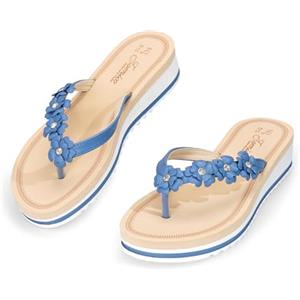JOMIX Infradito Donna Eleganti con Zeppa Estive Ciabatte Mare con Fiori Sandali Bassi Comodi da Spiaggia Piscina e Casa WWC260391, Navy, 38 EU