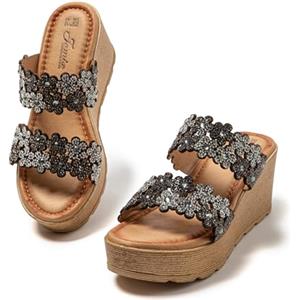 JOMIX Ciabatte Moda Donna Zeppa Estive Sandali Fiori Strass Eleganti Comode Sabot Piattaforma Mare Casa Vacanze Antiscivolo Leggere WWC250246, Nero, 39 EU