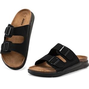 JOMIX Ciabatte Uomo Estive Sandali Eleganti Comodi con Plantare in Sughero Ergonomico Morbido Pantofole Pelle Look Casual con Doppia Fibbia Regolabile MCX250345 Nero 44