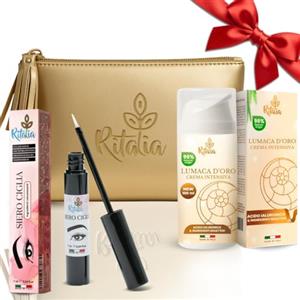 Ritalia® Crema Viso Bava di Lumaca 100 ml + Siero Ciglia e Sopracciglia + Beauty Case Dorato | Antirughe con bava pura e acido ialuronico | Siero allungante e crescita