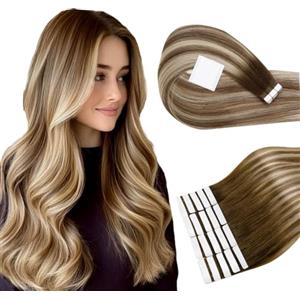 RUNATURE Extension Capelli Veri Biadesivo Balayage Castano Ombre Biondo 30cm 30g 20pcs #3/8/22