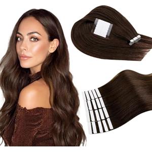 RUNATURE Estensioni di capelli umani lisci, nastro adesivo, marrone cioccolato, 40 cm, 50 g