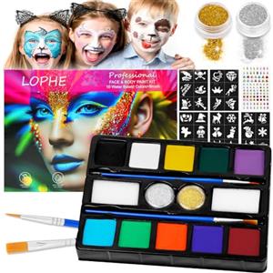 LOPHE Body Painting, 10 Body Pittura per Viso Colori con 2 Spazzole e 2 Glitter, Pittura Corpo Anallergici Atossici, Trucchi Bambini Halloween per Party, Natale, Grande Regalo
