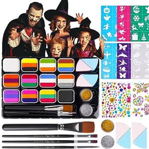 LOPHE Body Paint, 32 Colore Pittura Corpo e Viso, Face Painting Trucca Bimbi con Gemme Viso Stampini Pennelli, Pittura Facciale Truccabimbi Kit per Carnevale, Halloween, Cosplay