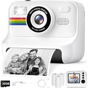 Gontence Macchina Fotografica Bambini, 2.4" HD Selfie Fotocamera Bambini con Scheda da 32 GB e 3 Rotoli di Carta da Stampa, Giochi Regalo Natale bambini bambino 3-12 Anni(Bianco)