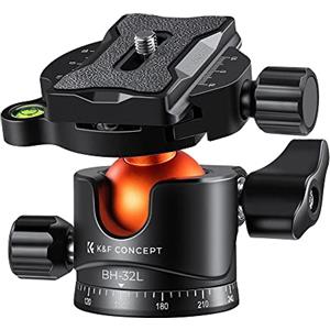K&F Concept Testa a sfera per treppiede in metallo da 32 mm Rotazione a 360 gradi Panoramica con piastra a sgancio rapido da 1/4 di pollice Livella a bolla Capacità di carico fino a 26,4 libbre/12 kg