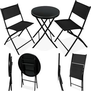 tectake® Set da Balcone Düsseldorf, Tavolino Salotto con Piano in Vetro e 2 Sedie, Set Mobili da Giardino con Telaio in Acciaio, Richiudibile, Trasportabile, Design Moderno - Nero