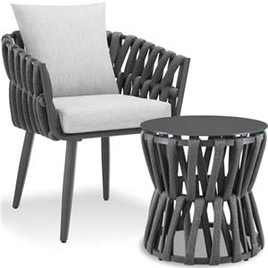 tectake® Set Salotto da Giardino esterno, 1 Sedia, 1 Tavolino da Salotto in vetro, Set Mobili da Esterno in Corda, Tavolo con Sedie Relax, Poltroncina Arredo Giardino, Piscina, Terrazza Balcone - Gray