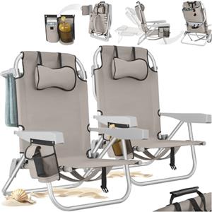 tectake® 2 Sedia da Spiaggia, Spiaggina Pieghevole Funzione Zaino, Sedie da Giardino, Telaio Alluminio, Sdraio Da Spiaggia, Schienale Regolabile, Sdraio pieghevole, Borsa Termica, Sedia Mare - Beige