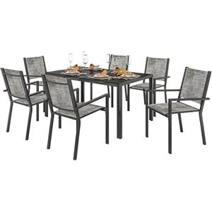 Outsunny Set Tavolo da Giardino con Sedie da 7 Pezzi, Set da Pranzo con Tavolo con Piano in Legno Composito a Doghe, 6 Sedie da Esterno Impilabili, Set di Mobili in Acciaio Texteline, Grigio e Nero