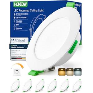 HOMEOW Faretti LED da Incasso per Cartongesso Dimmerabili 7W 600LM, Luce Calda 2700K Luce Naturale 4000K Luce Fredda 6000K, Faretto da Incasso per Bagno IP44, Foro Ø75-90mm, Set di 6