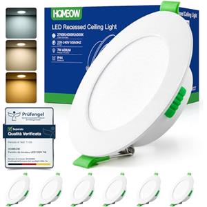 HOMEOW Faretti Led da Incasso per Cartongesso 7W, Diametro Foro 75-90mm, 24mm Ultrasottili, IP44 Faretti Led Soffitto, Regolabile Caldo 2700K, Neutro 4000K e Freddo 6000K, Non Dimmerabile, Set di 6