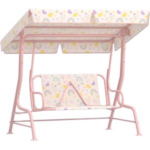 AIYAPLAY Dondolo per Bambini da Esterno a 2 Posti con Tettuccio Regolabile e Cinture di Sicurezza, Altalena Dondolo da Giardino e Interno in Acciaio e Oxford, Max 60 kg, 112x75x120 cm, Rosa