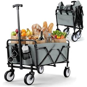 LIFERUN Carrello Pieghevole con Maniglia Telescopica 2 Tasche in Rete, Carrello da Giardino 70 L, Portante 60 kg Ruote Tutti i Terreni Carrello Portaoggetti per Shopping Campeggio Giardino Spiaggia (grigio)