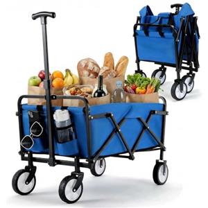 LIFERUN Carrello Pieghevole con Maniglia Telescopica 2 Tasche in Rete, Carrello da Giardino 70 L, Portante 60 kg Ruote Tutti i Terreni Carrello Portaoggetti per Shopping Campeggio Giardino Spiaggia (blu)