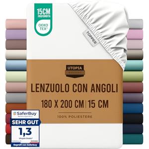 Utopia Bedding Topper Lenzuolo con Angoli Due Piazze Matrimoniale - 180x200cm - 15cm - Bianco - Microfibra di Poliestere Spazzolato - Lenzuolo Sotto con Angoli Elasticizzato