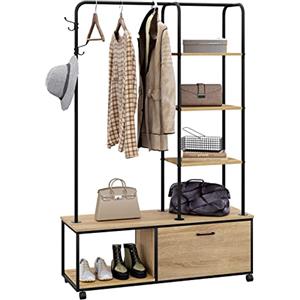eSituro Appendiabiti da Terra a 5 Ripiani, Stand Appendiabiti con Scarpiera e Ruote, per Ingresso Camera da Letto, 3 Ganci e 1 Armadietto, Rovere Chiaro + Nero