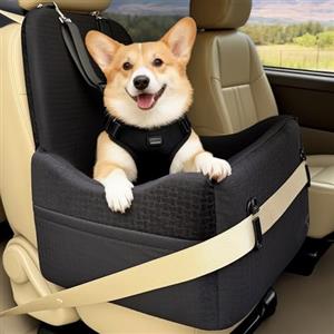 PETSFIT Seggiolino Auto per Cani di Taglia Piccola/Media fino a 15 kg - Sistema di Sicurezza Brevettato, Rialzo con Memory Foam da 15 cm, Sfoderabile e Lavabile, 2 Tasche Portaoggetti (Nero)