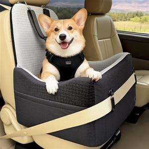 PETSFIT Seggiolino Auto per Cani di Taglia Piccola/Media fino a 15 kg - Sistema di Sicurezza Brevettato, Rialzo con Memory Foam da 15 cm, Sfoderabile e Lavabile, 2 Tasche Portaoggetti (Nero & Grigio)