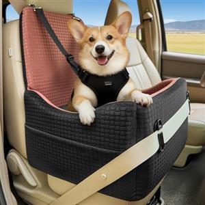PETSFIT Seggiolino Auto per Cani di Taglia Piccola/Media fino a 15 kg - Sistema di Sicurezza Brevettato, Rialzo con Memory Foam da 15 cm, Sfoderabile e Lavabile, 2 Tasche Portaoggetti (Nero & Marrone)