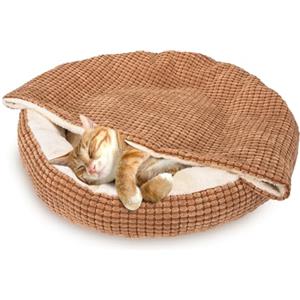 Nobleza Cuccia per Gatti con Coperta, Cuccia per Cani Rotonda Soffice, Cuccia Gatto Interno Morbido Antiscivolo Lavabile Taglia Piccola e Media Letto per Animali, Marrone, 65x58x16cm