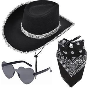 Aomig Cappello da Cowboy, Accessori per Costumi da Cowboy Cappelli per Adulti, Set Cappello Cowgirl Occidentale Bandana Occhiali da Sole, Cappello da Cowboy con Paillet per Halloween Feste Carnevale