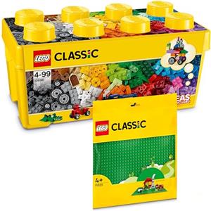 BRICK Flip LEGO Classic Scatola mattoncini creativi media + Base verde (10696 + 11023), Set combinato con scatola portaoggetti e piastra di base