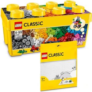 BRICK Flip LEGO Classic Scatola mattoncini creativi media + Base bianco (10696 + 11026), Set combinato con scatola portaoggetti e piastra di base