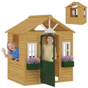 AIYAPLAY Casetta da Giardino per Bambini in Legno di Abete, Casetta per Bambini da Esterno con 3 Finestre, 2 Fioriere, Porta e Tetto, per Bimbi 3-8 Anni, Interno ed Esterno, 134.5x97x150 cm, Marrone