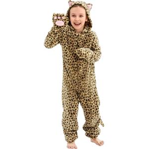 AUYAO Costume Tuta Animale per Bambini, Tutina Leopardata per Ragazzi Ragazze, Bambina Gatto Leopardo Onesie Tuta con Guanti, Pigiama Animale Onesie Set per Bambini Halloween Carnevale Cosplay, 110