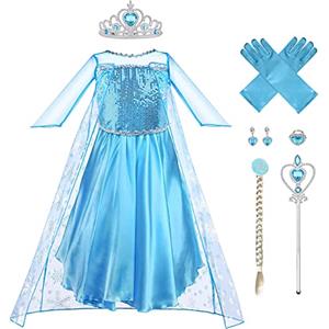 Vicloon Costume Elsa Principessa - Set 5 Pezzi con Vestito, Corona e Bacchetta per Festa di Compleanno, Cosplay, Halloween - Taglia 130