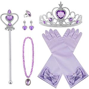 Vicloon Nuovi Costumi da Principessa Set di 7 Pezzi Dono da Tiara,Guanti,Bacchetta Magica, Anello, Orecchino,Collana da 3 a 9 Anni (Porpora)