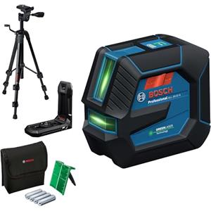 Bosch Professional livella laser a linee GLL 20-22 G (staffa LB 10, laser verde, uso interno, doppia alimentazione, 2 batterie da 1,5 V LR6, custodia protettiva, treppiede BT 150)